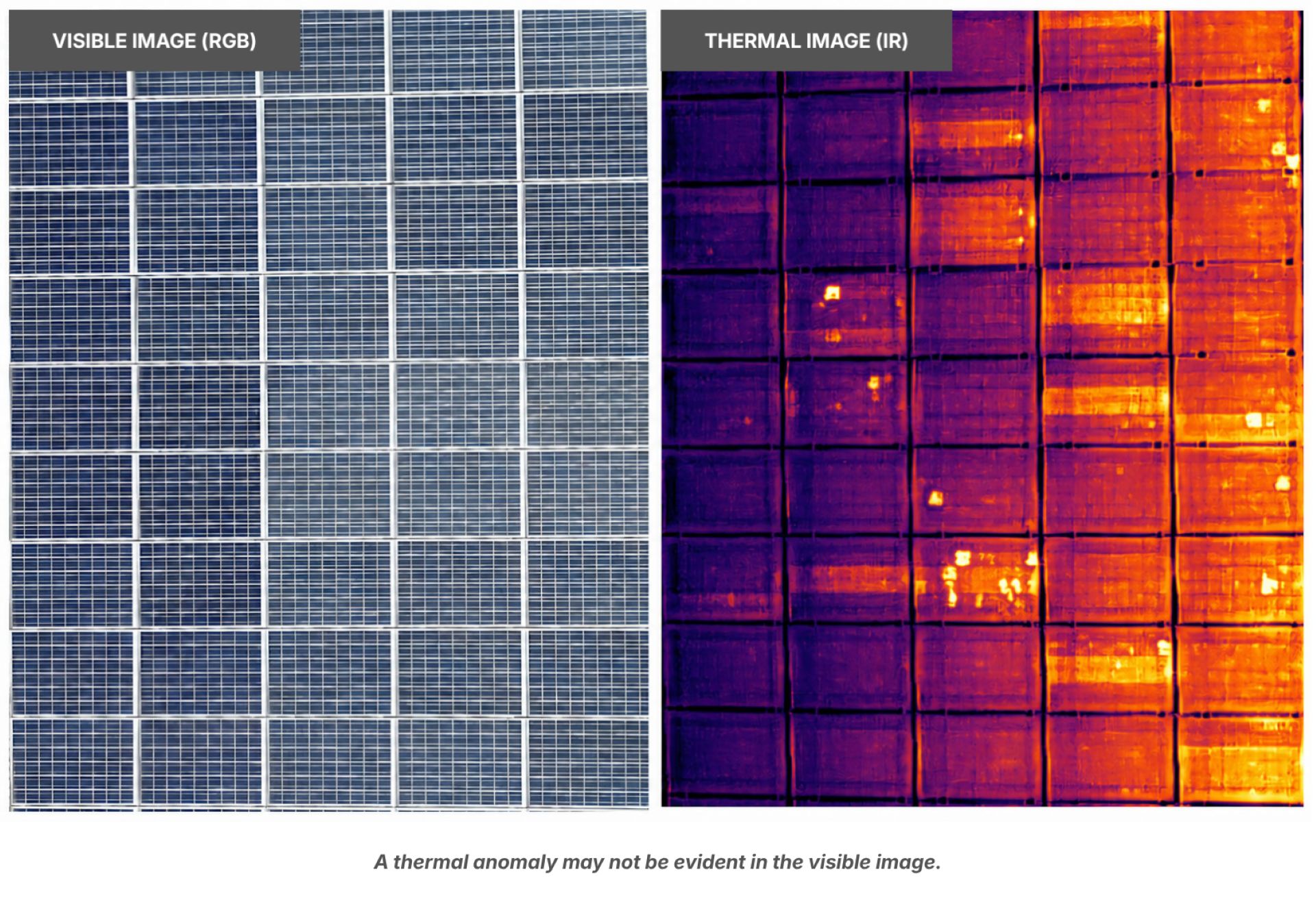 Comparison of RGB and IR thermal images of photovoltaic panels with a hidden thermal anomaly